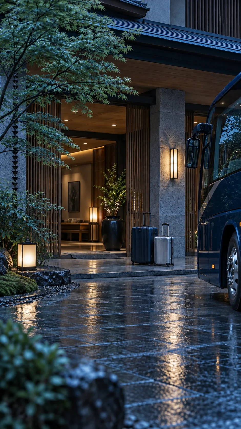 雨上がりの旅館に到着する観光バスと旅行荷物