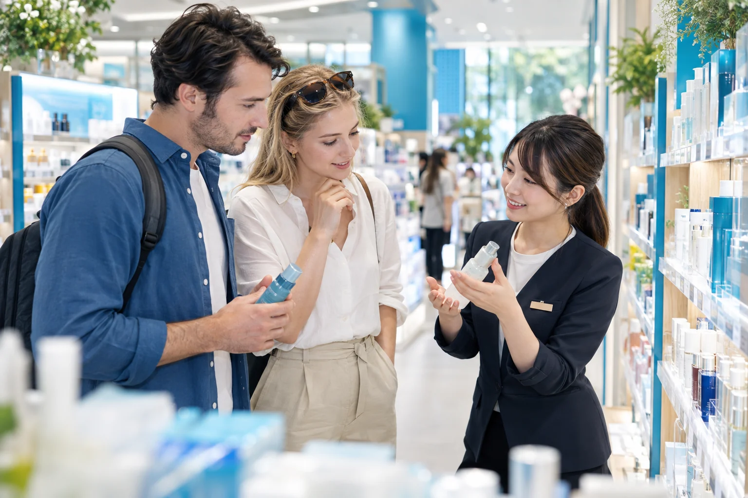 日本のドラッグストアで商品案内を受ける海外旅行者
